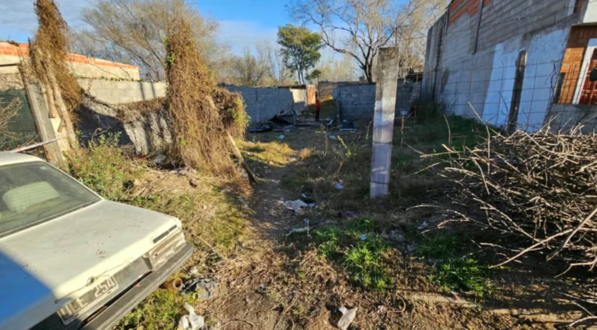 Un terreno baldío en Córdoba, cubierto de maleza y escombros, muestra el lugar donde ocurrió el ataque de un Pitbull que causó la muerte de un niño de tres años (El Doce.tv)