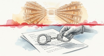 Una ilustración de acuarela muestra un pasillo de supermercado, una línea horizontal roja, una mano que sujeta esposas y documentos legales.