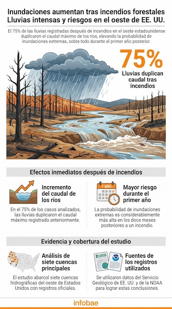 Infografía ilustra un paisaje post-incendio con árboles quemados, un río crecido y lluvia intensa cayendo de nubes oscuras.
