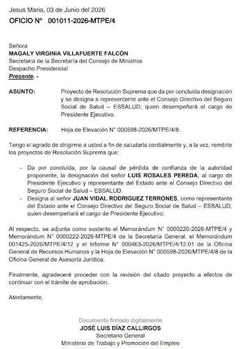 Documento que oficializa a Juan Vidal como el nuevo presidente de EsSalud.