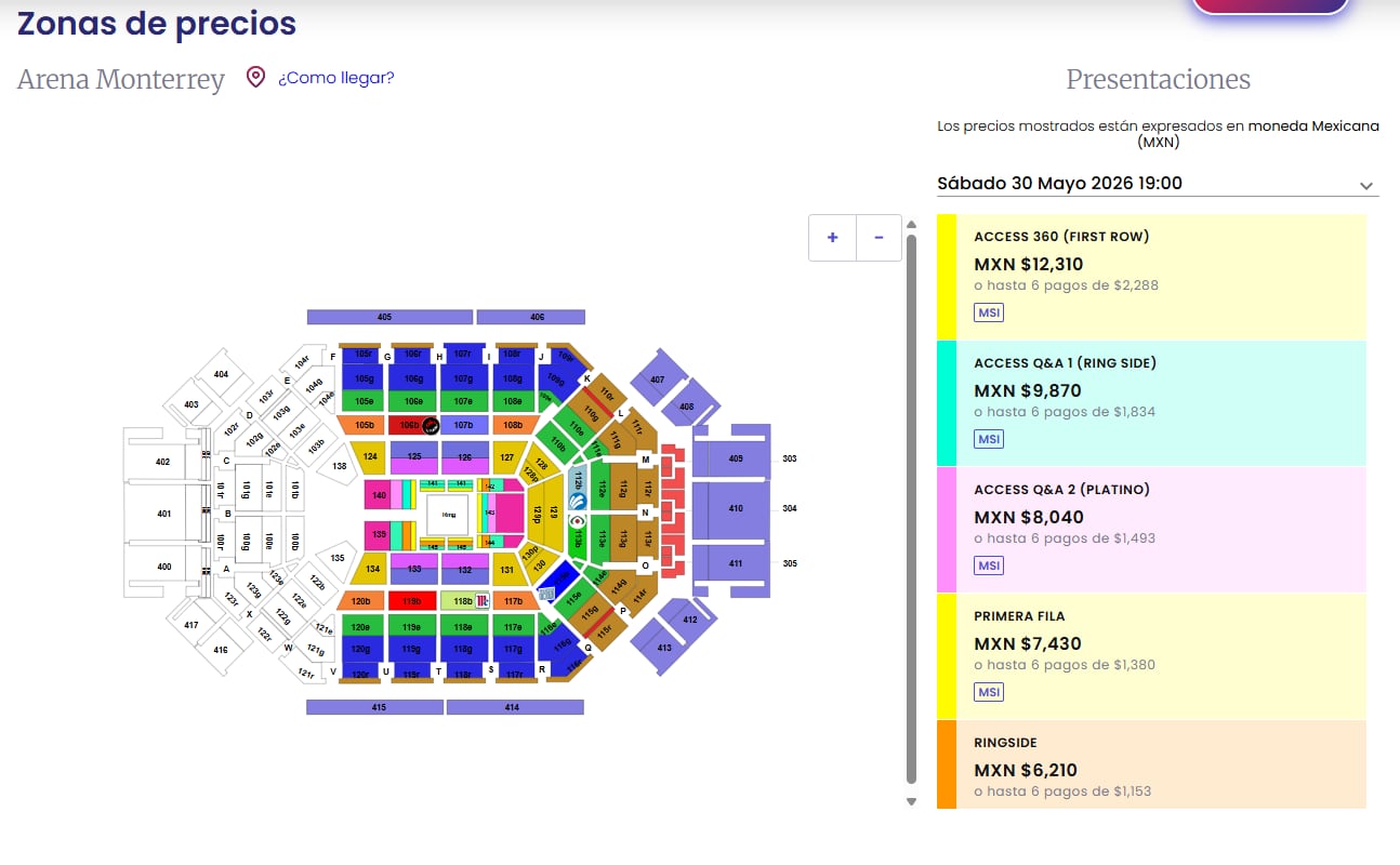 Los precios de los boletos para la Arena Monterrey van desde 565 pesos en balcón hasta 12,310 pesos para la exclusiva primera fila Access 360. (Captura de pantalla Super Boletos)