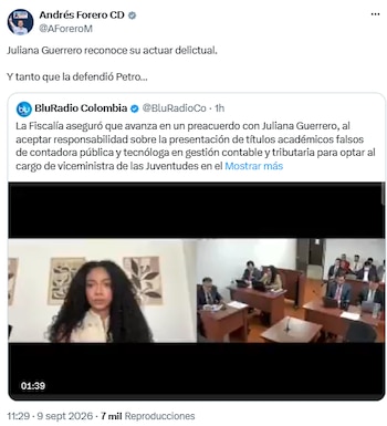 Andrés Forero reaccionó al preacuerdo de Juliana Guerrero y cuestionó a Gustavo Petro - crédito @AForeroM/X