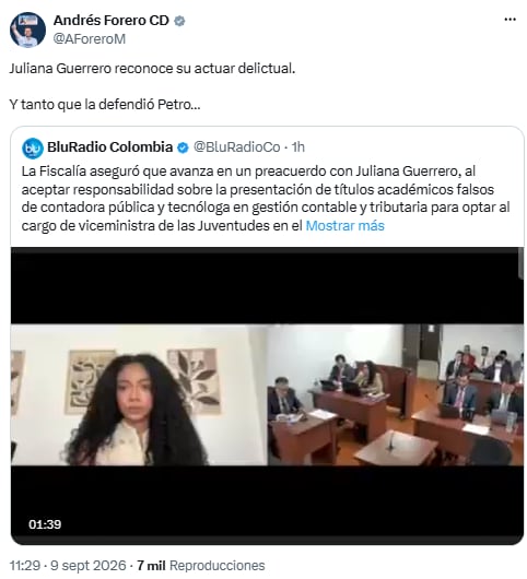 Andrés Forero reaccionó al preacuerdo de Juliana Guerrero y cuestionó a Gustavo Petro - crédito @AForeroM/X