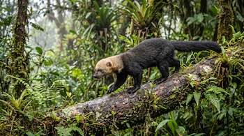 Una tayra de pelaje oscuro y cabeza clara camina sobre el tronco musgoso de un árbol rodeado de helechos y bromelias.