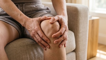 Una persona sentada que se sostiene la rodilla descubierta con ambas manos