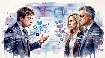Ilustración en acuarela de Santiago Caputo gesticulando, frente a Karina Milei y Sebastián Pareja, con iconos de redes sociales y elementos de interfaz web.