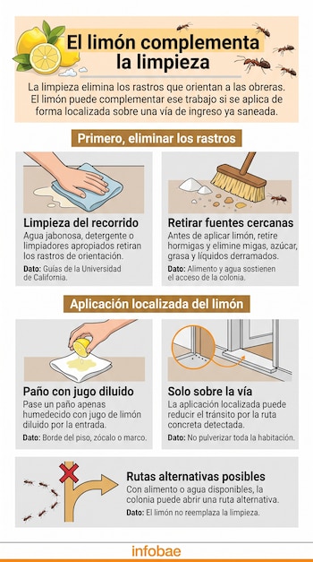 Infografía con ilustraciones de limones, hormigas, un paño limpiando, una escoba y diagramas con explicaciones sobre el control de plagas.