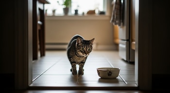 Gato mirando su cuenco vacío