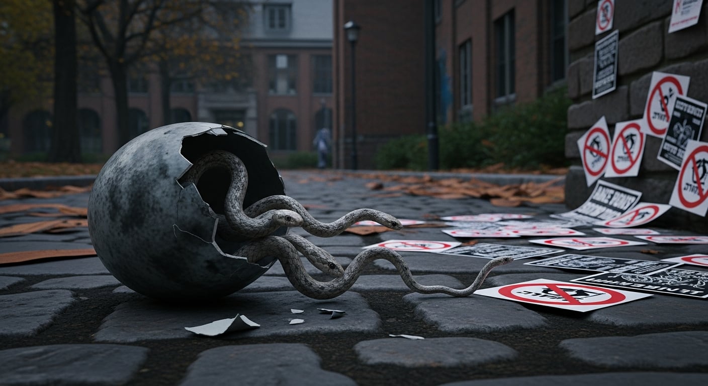La imagen de serpientes emergiendo de un huevo roto, junto a carteles de propaganda antisemita en un campus universitario, ilustra la peligrosa incubación y proliferación del antisemitismo en ambientes académicos. (Imagen Ilustrativa Infobae)