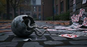 Un huevo gris roto con serpientes saliendo y carteles con símbolos antisemitas esparcidos en un camino de adoquines de un campus universitario.