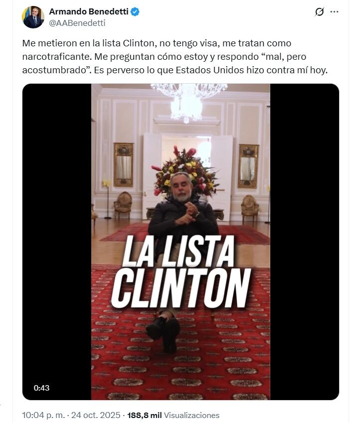 Desde la Casa de Nariño el ministro del Interior, Armando Benedetti grabó el video en el que aseguró que se siente ya
