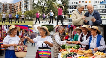Collage de adultos mayores en Colombia: ejercitándose en un parque, usando una tablet, comprando artesanías y productos frescos en mercados al aire libre.