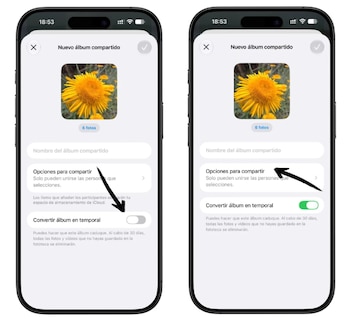 Los álbumes temporales no consumiran espacio de iCloud.