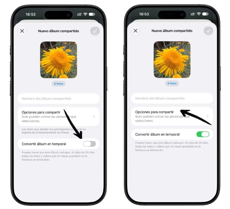 Los álbumes temporales no consumiran espacio de iCloud. (Applesfera)