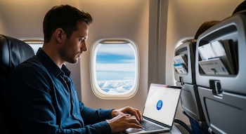 Hombre usando una laptop dentro de un avión, sentado junto a la ventana y conectado a internet.