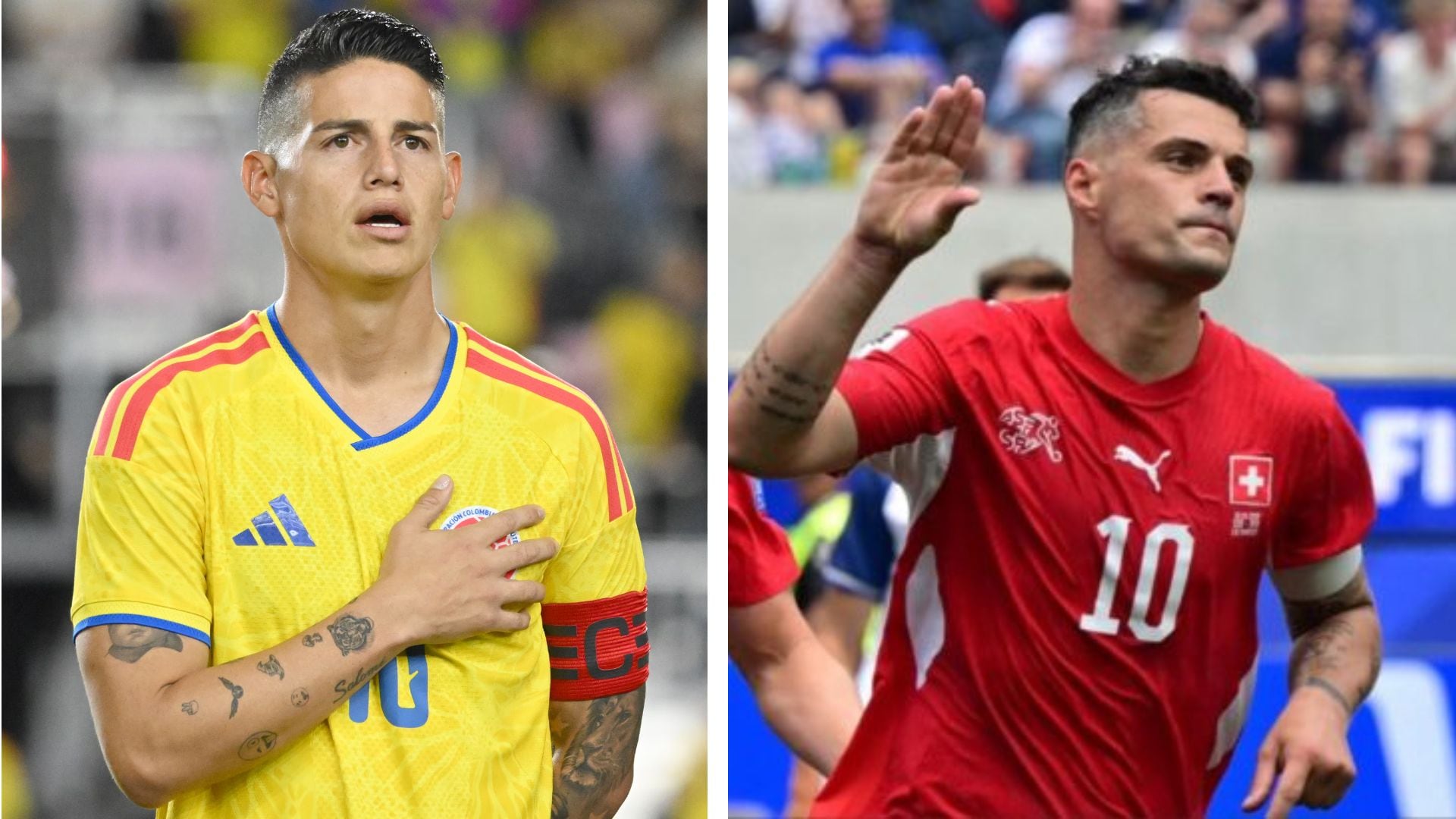 En la imagen aparecen los capitanes de las selecciones que se medirán en el Estadio de Vancouver, el próximo martes 7 de julio por los octavos de final del Mundial 2026. James Rodríguez y Granit Xhaka, respectivamente - crédito Reuters