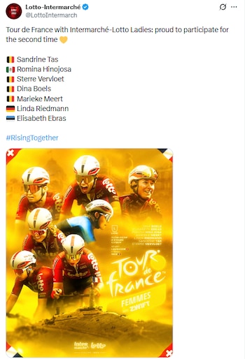 El equipo Intermarché-Lotto Ladies confirmó a Romina para el Tour de Francia Femenil del 1 al 9 de agosto. (X/ @LottoIntermarch)