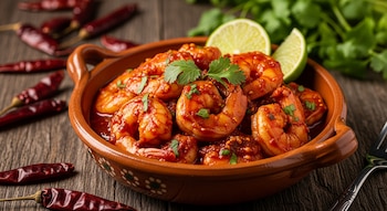 Cuenco de cerámica con camarones cocidos en salsa roja, cilantro picado y rodajas de lima. Sobre una mesa de madera hay chiles secos y un tenedor.