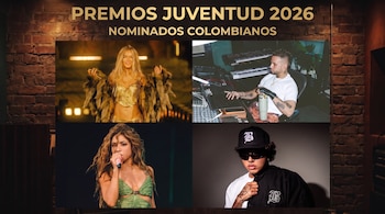 Texto Premios Juventud 2026, Nominados colombianos. Cuatro fotos: mujer rubia brazos arriba, Shakira con micrófono, hombre en estudio musical, hombre con gorra y gafas.