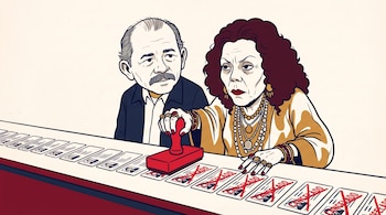 Caricatura de Daniel Ortega y Rosario Murillo estampando un sello rojo que dice cancelado sobre una fila de tarjetas de identidad.