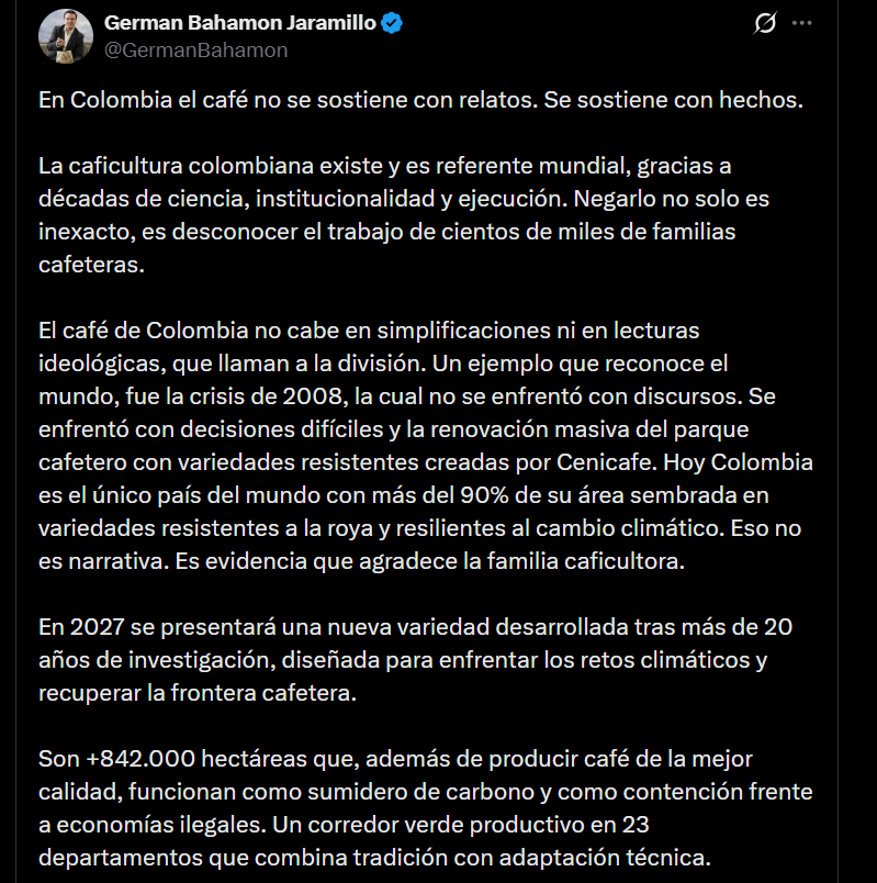 Germán Bahamón afirmó que el café en Colombia no se sostiene con relatos sino con hechos - crédito @GermanBahamon/X
