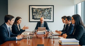 Seis personas, tres hombres y tres mujeres, en traje formal sentadas alrededor de una mesa de conferencia con laptops, vasos de agua, documentos y cuadernos.