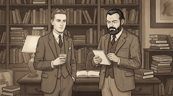 Dos hombres con traje de época en un estudio con estanterías repletas de libros, un escritorio con una lámpara. Un hombre sujeta un vaso, el otro una libreta y un lápiz.