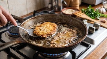 Dos escalopes rebozados se fríen en aceite hirviendo dentro de una sartén sobre una hornalla de gas encendida.