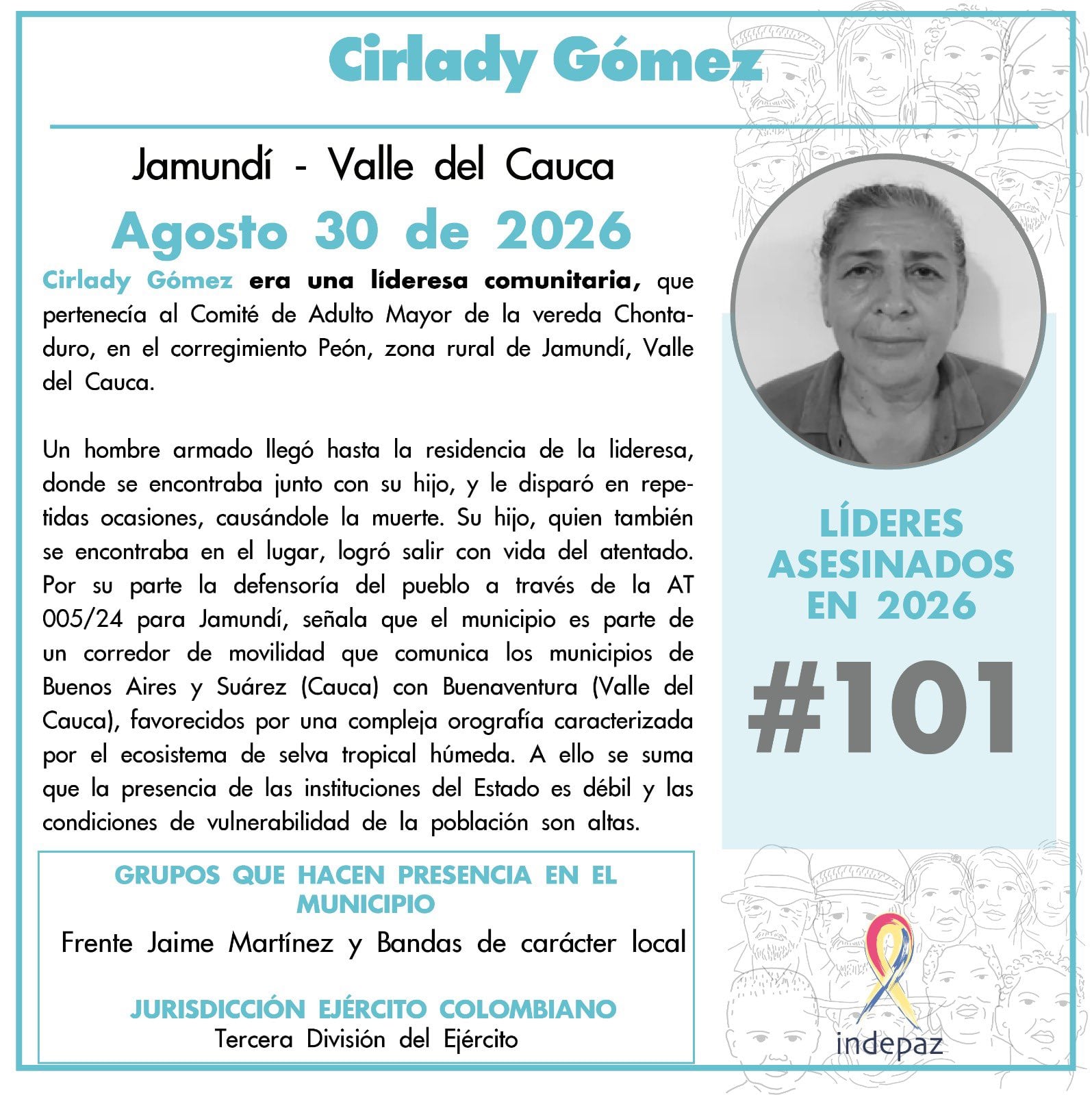 El hecho en Las Piñas se registró después del asesinato de la lideresa Cirlady Gómez y del hallazgo de explosivos en la vía Cali-Jamundí, en una semana de violencia en Jamundí - crédito Indepaz / X