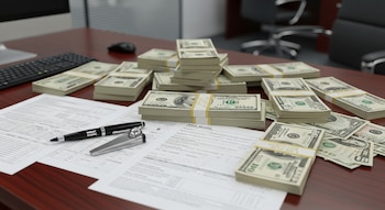 Pilas de billetes de dólares estadounidenses de cien, cincuenta, veinte, diez y un dólar; billetes sueltos; documentos financieros; bolígrafo; abrecartas; teclado y ratón.