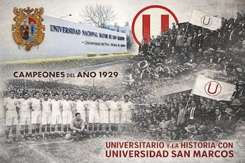 Un collage de imágenes históricas que muestra el escudo de la Universidad San Marcos, el equipo campeón de Universitario en 1929 y aficionados con banderas de la "U".