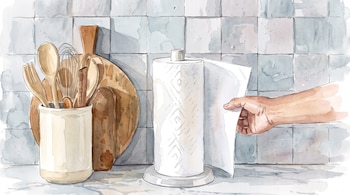 Un rollo de papel absorbente, una mano tomando una hoja, un recipiente con utensilios de madera, dos tablas de cortar, una encimera y una pared de azulejos.