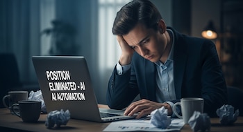 Un hombre con traje y expresión angustiada mira una laptop que muestra 'POSITION ELIMINATED - AI AUTOMATION'. Papeles arrugados y tazas en el escritorio.