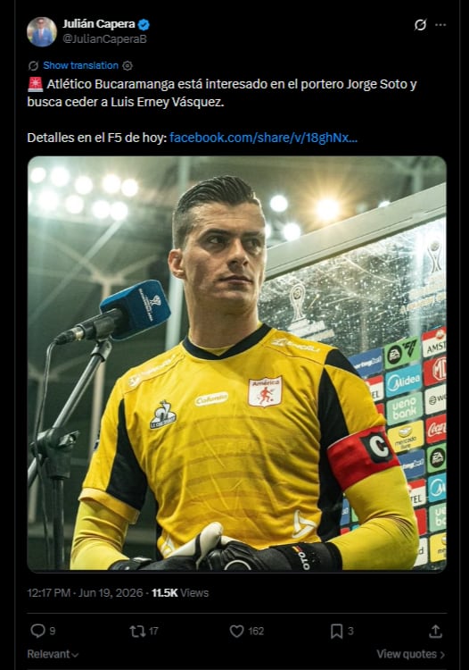Jorge Soto quedó libre tras su salida de América de Cali y aparece en el radar de Atlético Bucaramanga-crédito @JulianCaperaB/X