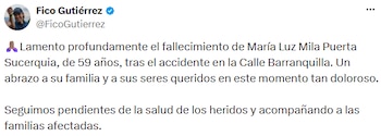 Federico Gutiérrez confirmó la muerte de María Luz Mila Puerta Sucerquia, de 59 años, una de las personas heridas - crédito @FicoGutierrez/X