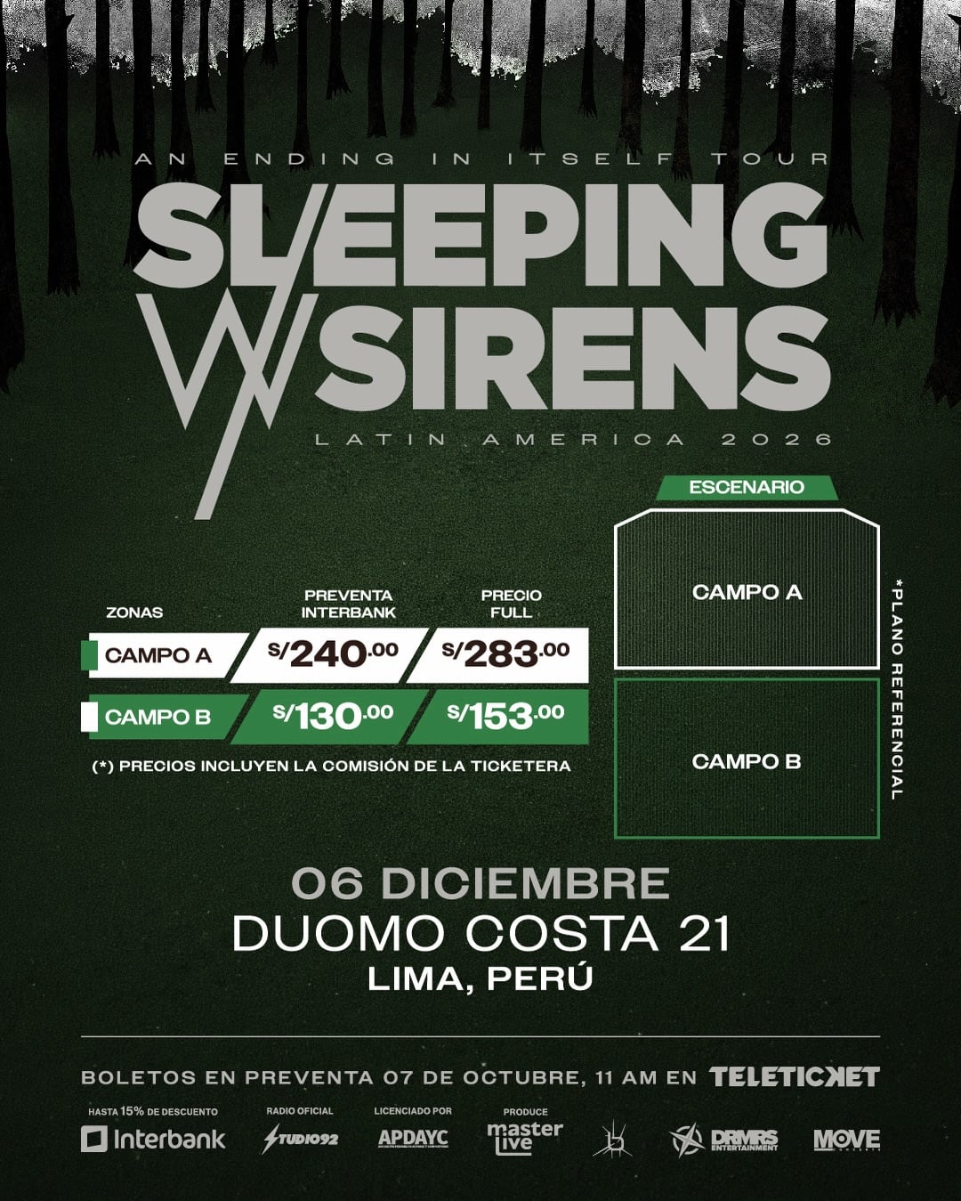 El cartel oficial del concierto de Sleeping With Sirens en Lima detalla los precios de las entradas y la distribución del recinto Duomo Costa 21 para el 6 de diciembre.