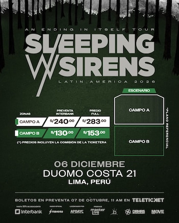 Afiche publicitario con información sobre las zonas, precios y mapa de ubicación del concierto de Sleeping With Sirens en Lima