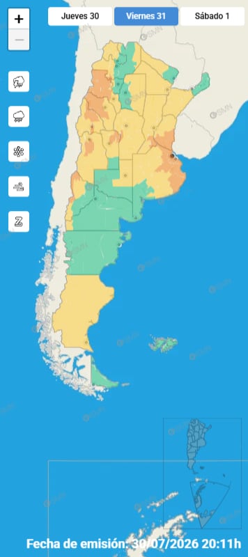 La alerta naranja por tormentas abarca el AMBA, el norte de la provincia de Buenos Aires hasta Santa Fe y Entre Ríos, y llega al sur hasta la Costa Atlántica
