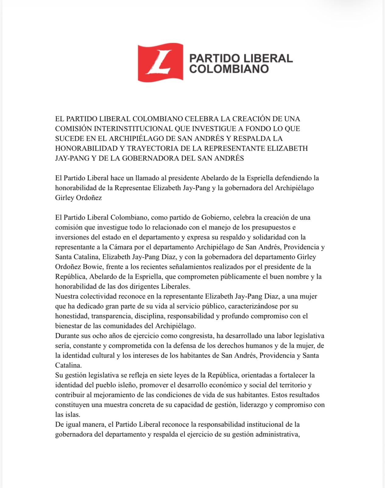 En un comunicado, el Partido Liberal Colombiano respaldó a la representante Elizabeth Jay-Pang y a la gobernadora de San Andrés ante una investigación interinstitucional - crédito X
