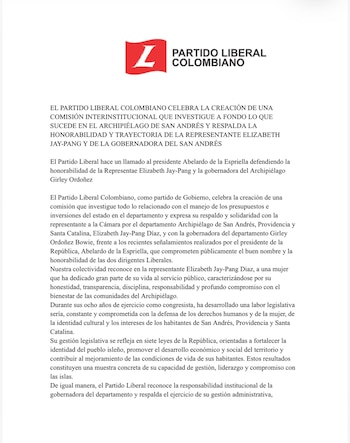 Documento impreso con el logotipo del Partido Liberal Colombiano en la parte superior y varios párrafos de texto en tinta negra