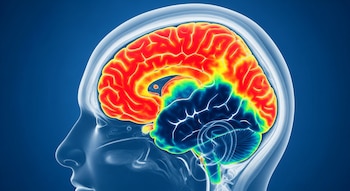 Representación 3D de una cabeza humana en corte sagital, mostrando un cerebro con una superposición de imagen PET en colores vibrantes, azul, verde, amarillo y rojo.