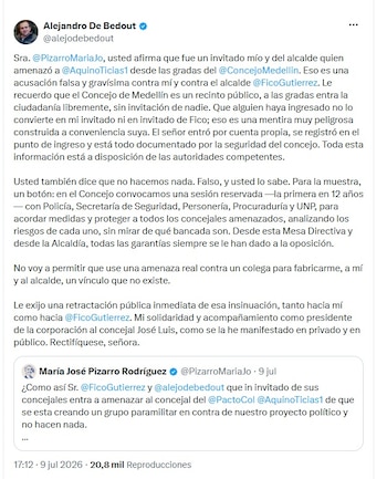 De Bedout le pidió a Pizarro una retractación pública - crédito @alejodebedout/X