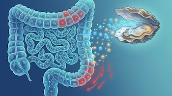 Ilustración de un intestino grueso y delgado formado por celdas, algunas con manchas rojas. Una ostra abierta libera esferas azules y doradas, y flechas rojas.