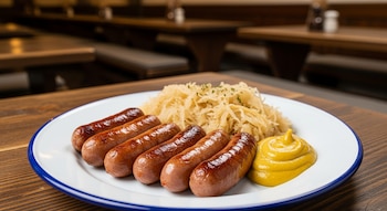 Seis salchichas Nürnberger Bratwürste doradas, chucrut y mostaza en plato de esmalte blanco sobre mesa de madera. Fondo borroso de taberna bávara.