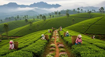 Campo de té ondulado y verde en la India, con recolectoras esparcidas llevando cestas, un sendero central con flores y montañas cubiertas de niebla al horizonte.