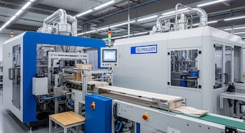 Dos máquinas industriales grandes en una fábrica con una cinta transportadora, envases de papel, panel de control, tuberías y luces de techo.