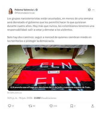 Paloma Valencia y su pronunciamiento tras el cese al fuego del ELN