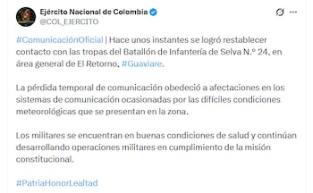 Comunicado Ejército Nacional - crédito @COL_EJERCITO/X