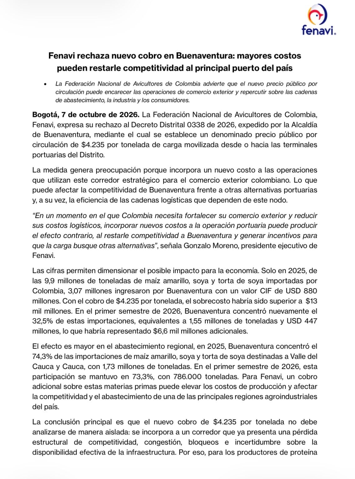Para el gremio la tarifa incorpora un gasto adicional a las operaciones que usan este corredor y puede restar competitividad al puerto frente a otras opciones.- crédito Fenavi