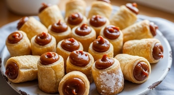 Primer plano de numerosos cañonsitos de hojaldre dorados, algunos cilíndricos y otros cónicos, rellenos y decorados con dulce de leche. Algunos tienen azúcar en polvo.
